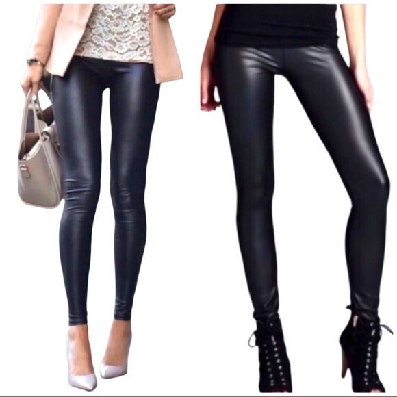 New Mix Pants - Mid-Rise Black Matte Faux Leather Shiny Leggings!